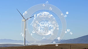 Animation of networks of connections with photos and globe over wind turbine