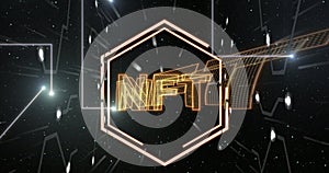 Animation of nft in hexagons floating over black background with integrated circuit