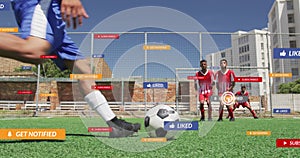 Animation of notification bars over diverse player kicking soccer ball and opponent defending goal