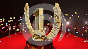 Animation numbers 1 on trophy, emojis, stanchions on red carpet and lights flashing in background