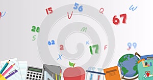 Animation of numbers and letters changing with education icons on white background