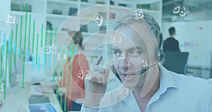 Animation of numbers and multicolored graphs, caucasian call center agent guiding customer
