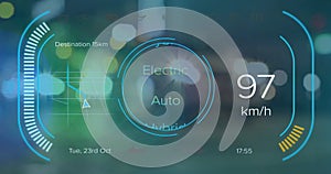 Animation of numbers and texts in speedometer, vehicles stopped on signal and people crossing street