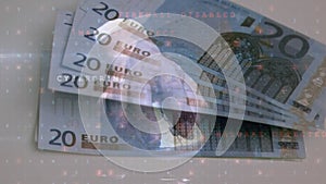 Animation of numbers and virus alert over hand holding mouse and euro banknotes