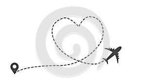 Animation of one dashed line drawing of passenger airplane and heart sign label