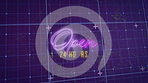 Animation of open 24 hours text in neon, with green network over digital grid, on black