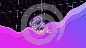 Animation of open 24 hours text in neon, with pink waves over digital grid, on black