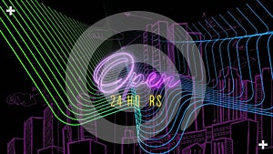 Animation of open 24 hours text in pink neon over colourful parallel lines and purple city on black