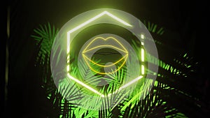 Animation of opening lips and hexagon in yellow neon, over palm leaves on black background