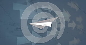 Animation of paper plane and arrows moving over data processing on white background