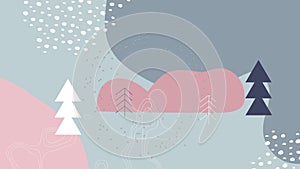 Animation of particles spinning over abstract shapes and christmas tree icons on grey background