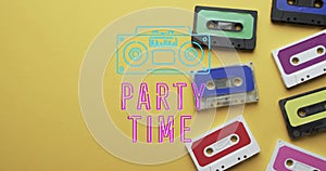 Animation of party time text over tape on yellow background