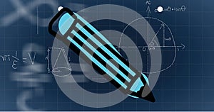 Animation of pencil school icon and mathematical formulae over blue background