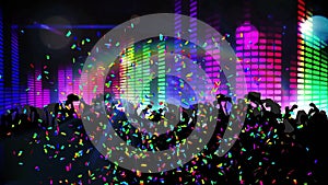 Animation of people dancing, confetti and disco party lights on black background