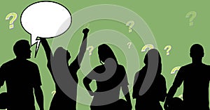 Animation of people silhouettes with speech bubbles over question marks on green background