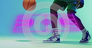 Animation of pink basketball court over african american male basketball player bouncing ball