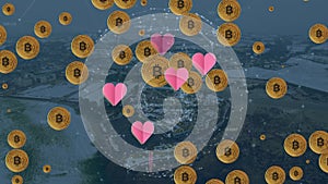 Animation of pink heart icons and bitcoin symbols over network of connections against cityscape