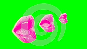 Animation of pink lips looped on a green chroma key background for insertion concept of announcement or increase in