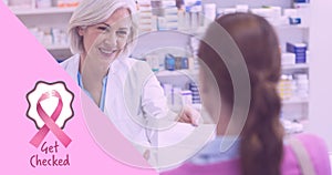 Animation of pink ribbon logo with breast cancer text over female pharmacologist