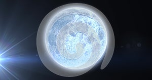 Animation of planet earth with glowing spot of light on blue background