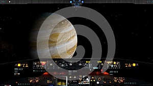 Animation of Planet Jupiter and moons viewed from cockpit of starcraft.