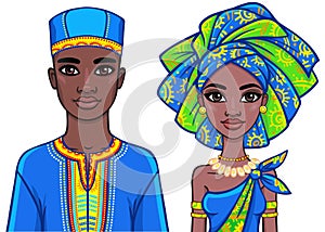 Animation portrait of the African family in bright ethnic clothes.