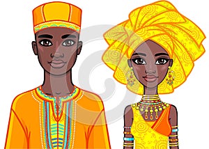 Animation portrait of the African family in bright ethnic clothes.