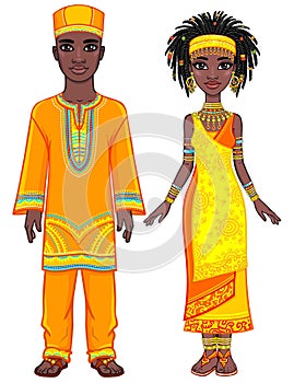 Animation portrait of the African family in bright ethnic clothes. Full growth.