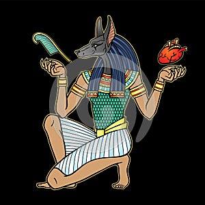 Animation portrait: Ancient Egyptian god Anubis holds human heart and pen. Afterlife ritual.