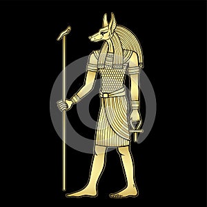 Animation portrait: Ancient Egyptian god Anubis holds a staff and an anch cross. Full growth.