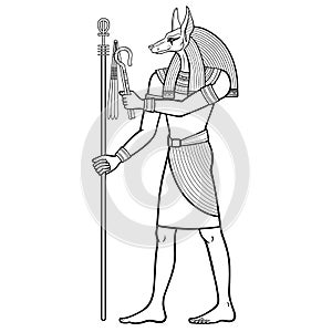 Animation portrait: Ancient Egyptian god Anubis  holds symbols of the power. God of death and afterworld.