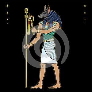 Animation portrait: Ancient Egyptian god Anubis  holds symbols of the power. God of death and afterworld.
