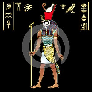Animation portrait: Ancient Egyptian god Horus in the crown of Egypt. God of heaven and sun in  guise of Falcon. photo