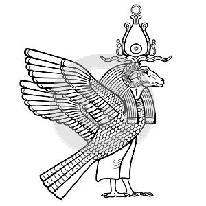 Animation portrait: Ancient Egyptian god Khnum with body of a bird and head of a ram.