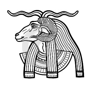 Animation portrait Ancient Egyptian god Khnum. Deity of Nile source, god with ram.