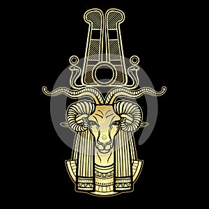 Animation portrait Ancient Egyptian god Khnum. Deity of Nile source, god with ram. Gold Imitation.
