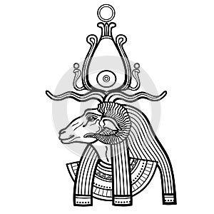 Animation portrait Ancient Egyptian god Khnum. Deity of Nile source, god with ram. Profile view.