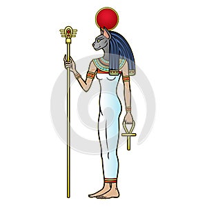 Animation portrait Ancient Egyptian goddess Bastet Bast holds symbols of power: staff and cross.