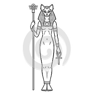 Animation portrait Ancient Egyptian goddess Bastet Bast holds symbols of power: staff and cross.