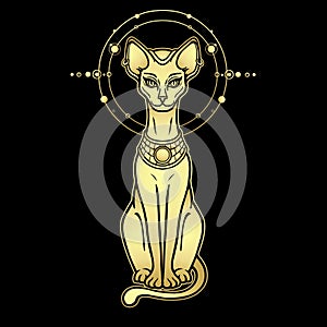 Animation portrait Ancient Egyptian goddess Bastet Bast. Sacred cat. Orbits of planets, space symbols.