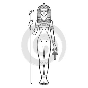 Animation portrait Ancient Egyptian Goddess  holds symbols of power: staff and cross.