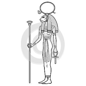 Animation portrait Ancient Egyptian goddess Sehmet Tefnut holds symbols of power: staff and cross.