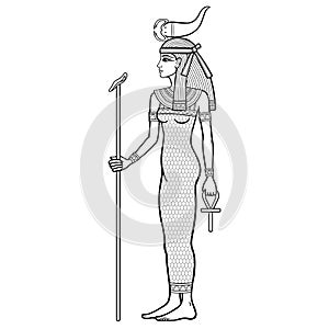 Animation portrait Ancient Egyptian goddess Selket holds symbols of power: staff and cross. Lord of the scorpions and the dead.