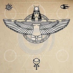 Animation portrait of the ancient Egyptian winged goddess. Space symbols. Sacred geometry. Vector illustration.