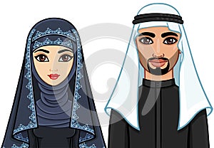 Animation portrait of the Arab family in traditional clothes.