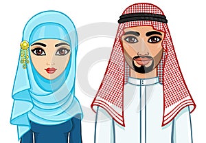 Animation portrait of the Arab family in traditional clothes.