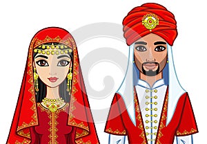 Animation portrait of the Arab family in traditional clothes.