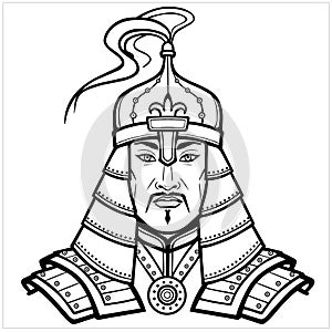 Animation portrait of an Asian man warrior in ancient armor. Central Asia. photo