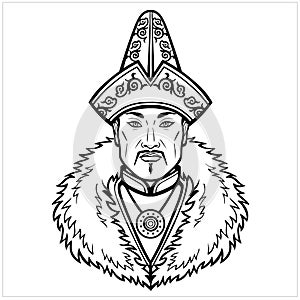 Animation portrait of an Asian man warrior in ancient clothes. Central Asia. photo