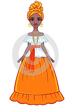 Animation portrait of the attractive Brazilian girl. Bright ethnic clothes. Full growth.